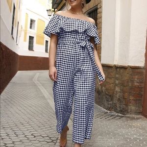 Off Shoulder Flounce Trim Gingham Belted Jumpsuit